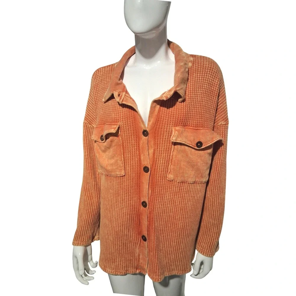 Bucket List Orange Vintage Wash Waffle Knit Shacket Oversized Womens size Small‎